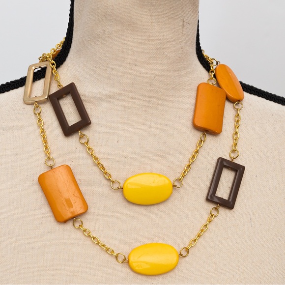 Longer length necklace geometric shapes 60s vibe gold, yellow, orange & brown - Picture 4 of 11